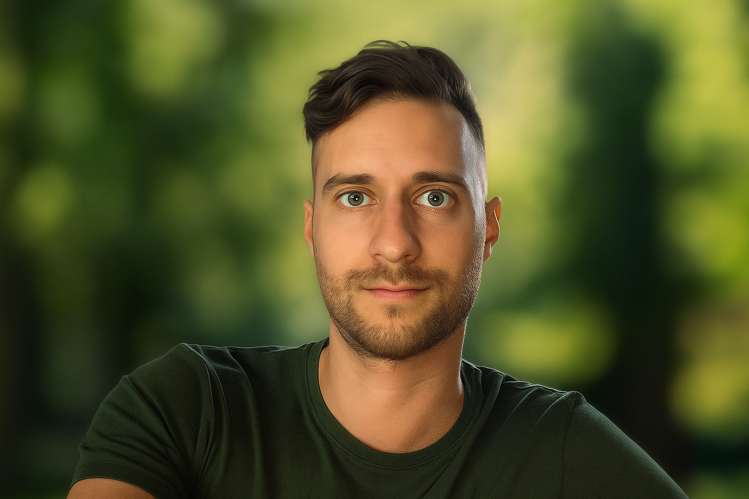 Auf dem Bild ist ein junger Mann mit kurzem, an den Seiten rasiertem Haar und gepflegtem Bart zu sehen. Er trägt ein dunkelgrünes T-Shirt und blickt mit direkten, großen Augen in die Kamera. Der Hintergrund ist unscharf und zeigt eine natürliche, grün verschwommene Landschaft, wodurch der Fokus klar auf dem Gesicht liegt. Die Aufnahme wirkt professionell, gut ausgeleuchtet und hat eine freundliche, authentische Ausstrahlung – ideal für ein Profilfoto, Social-Media-Auftritt oder eine persönliche Webseite.