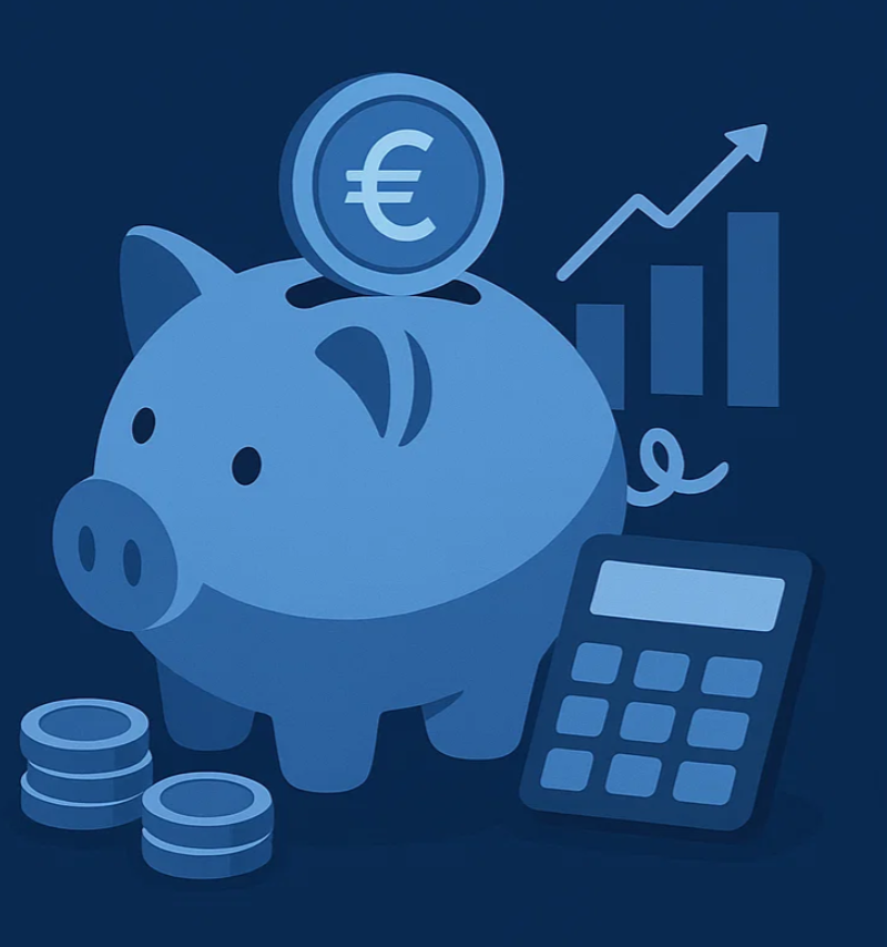 Das Bild zeigt eine stilisierte Illustration in Blautönen: Ein Sparschwein mit einem Münzeinwurf, in den gerade eine Münze mit Euro-Symbol (€) eingeworfen wird. Daneben liegen gestapelte Münzen, eine Taschenrechner-Grafik und ein aufwärts gerichtetes Balken- und Liniendiagramm, das steigendes Wachstum oder steigende Ersparnisse symbolisiert. Die Darstellung steht für Themen wie Sparen, Finanzen, Budgetplanung, Investitionen und Vermögensaufbau.